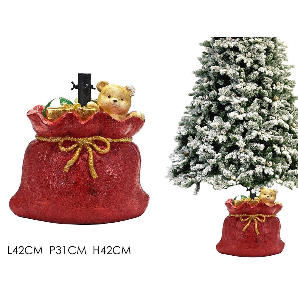 Trade Shop - Supporto Piede Per Albero Di Natale Rosso Base Sacco Regali Con Orsetto Decorazione -