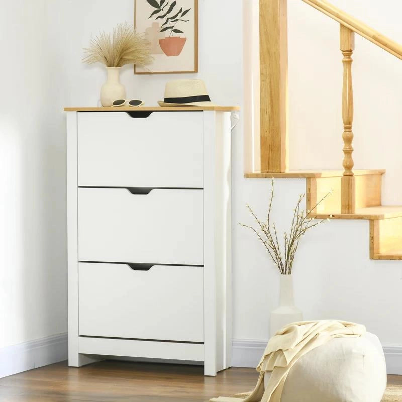 SCARPIERA SLIM PER 18 PAIA DI SCARPE, 3 CASSETTI CON 2 RIPIANI REGOLABILI E RIMOVIBILI, 72X26X112 CM, BIANCO