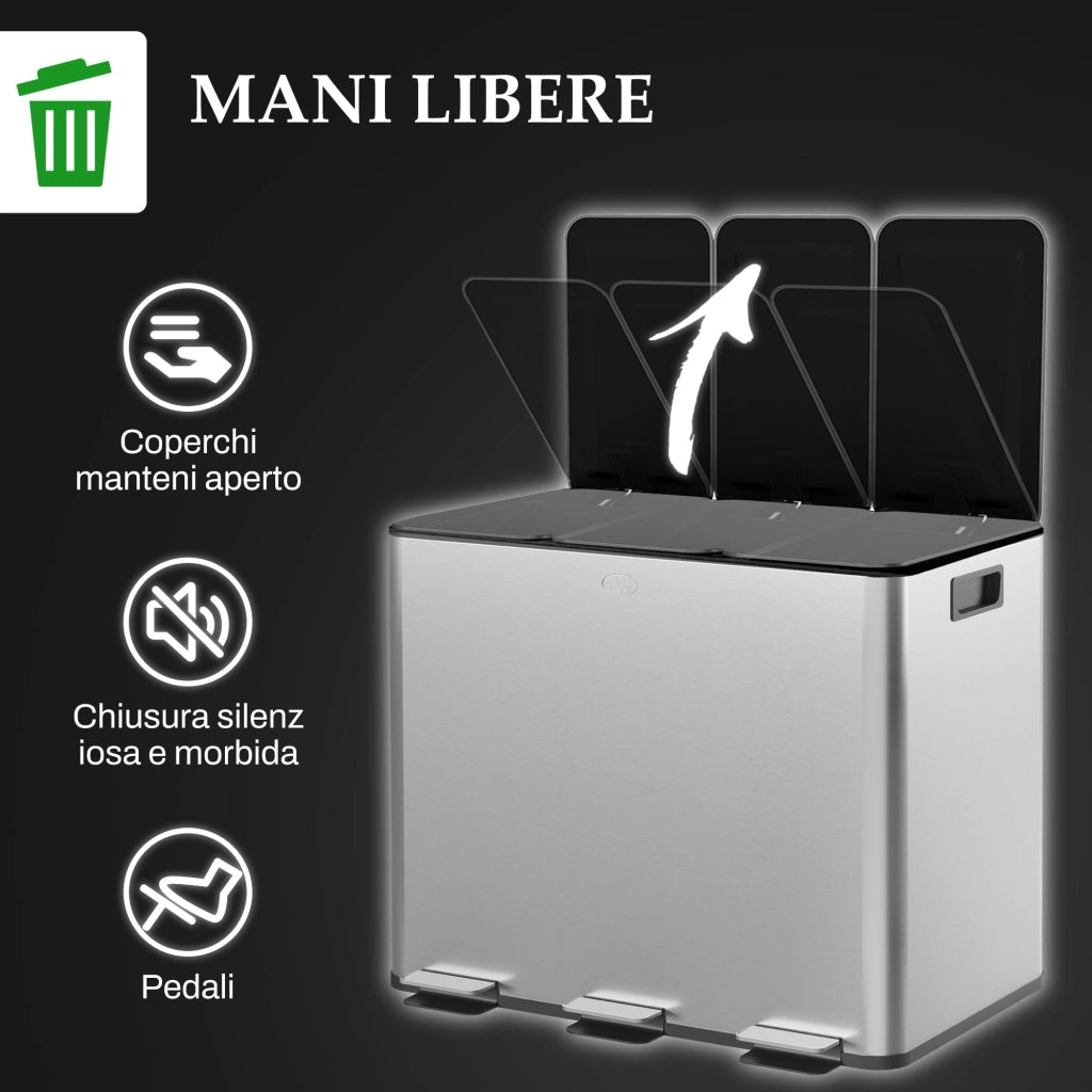 Pattumiera a Pedale 3 Sezioni da 20L 61,9x36,6x56,7 cm in Acciaio Inox e PP