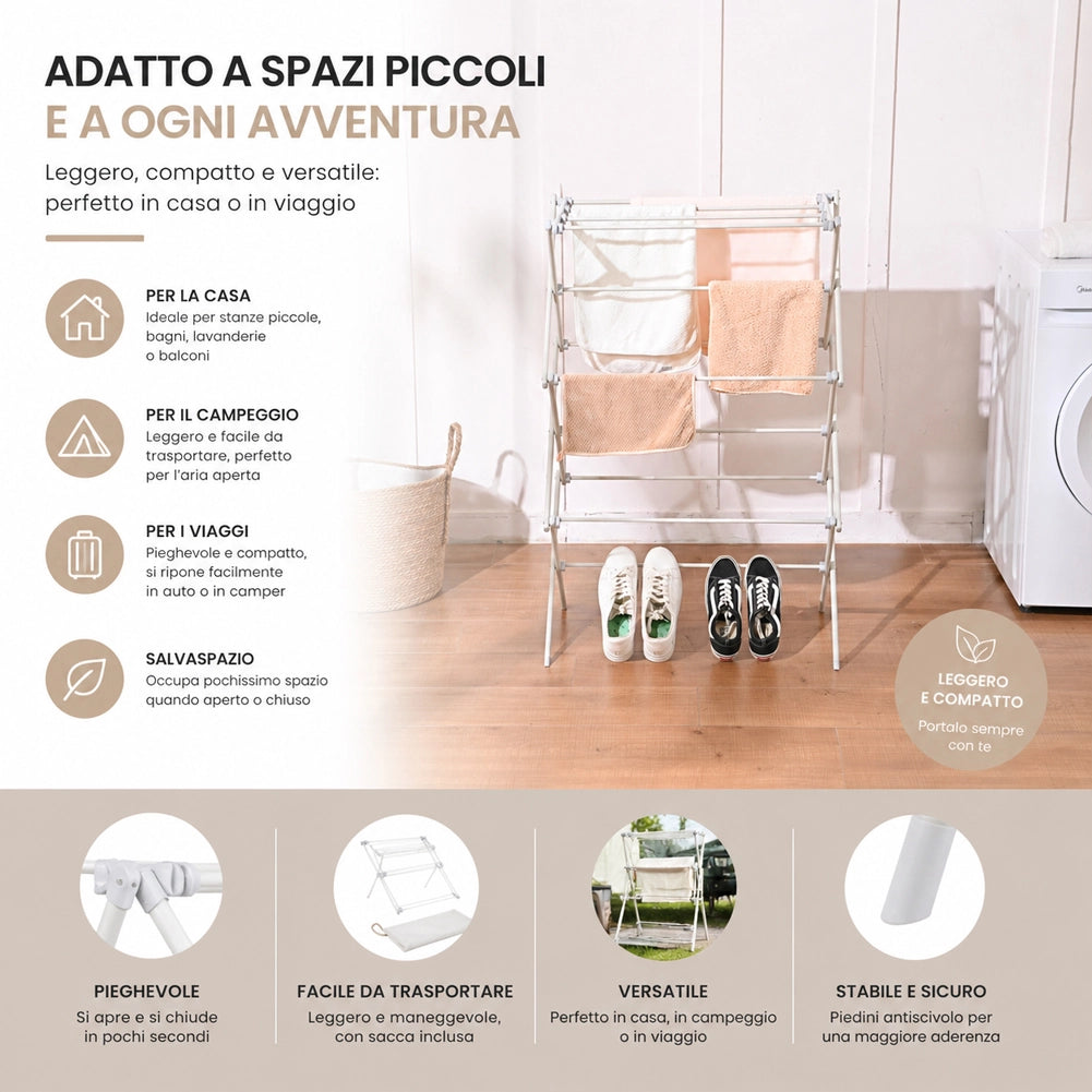 Stendibiancheria Pieghevole Salvaspazio Bianco da Esterno e Interno 72x38x104cm