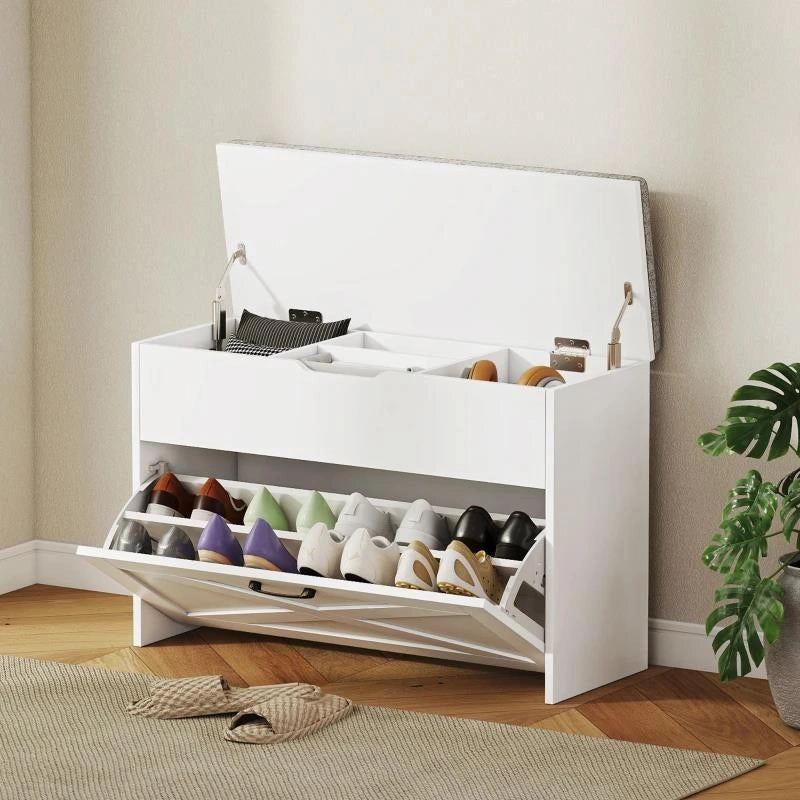 PANCA SCARPIERA CON CASSETTO RIBALTABILE E CONTENITORE, CAPACITÓ 8 PAIA DI SCARPE, 80X30X55 CM, BIANCO