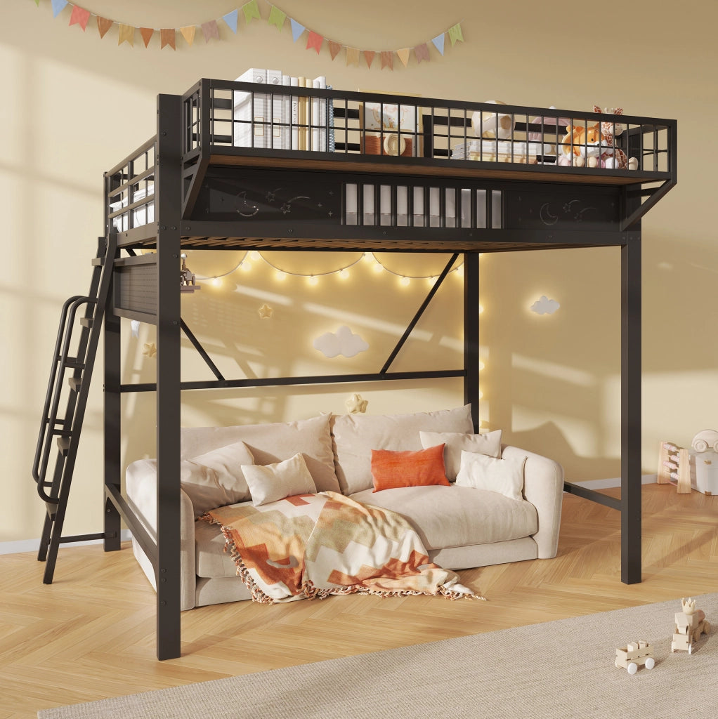 Letto a soppalco 140x200 cm in metallo nero con vani contenitore e scala reversibile
