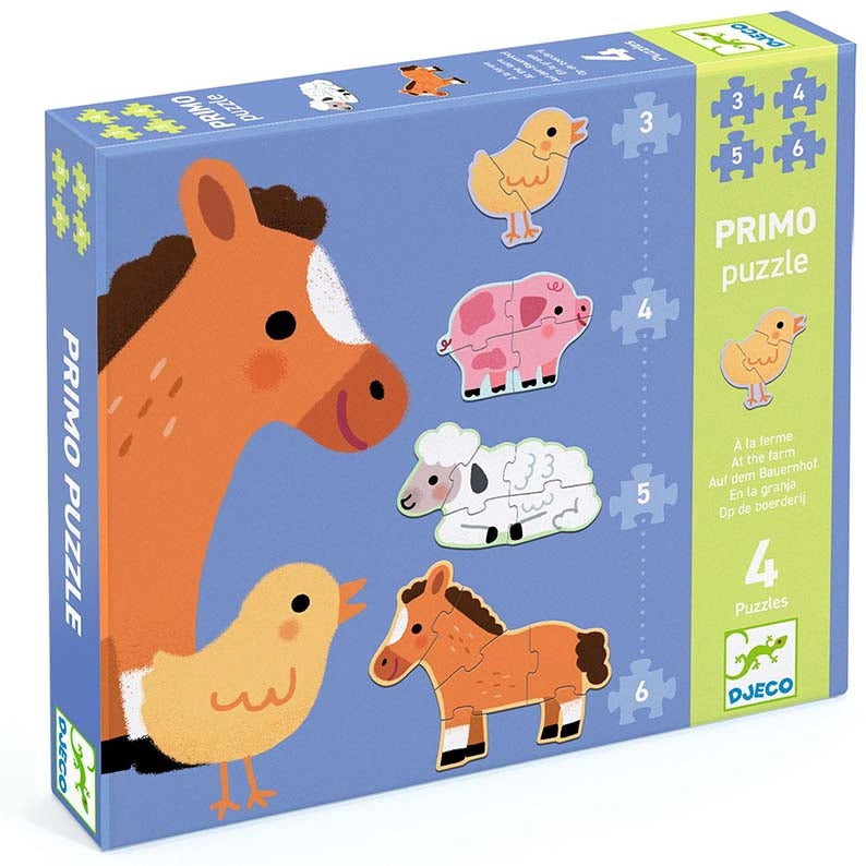 Primo Puzzle,Alla fattoria, 4 puzzle con animali,Djeco,Eta 2+
