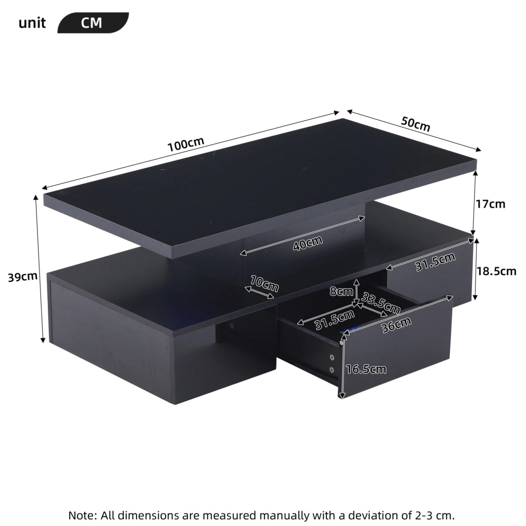 Tavolino da salotto moderno nero 100 x 50 x 39 cm con LED dimmerabile e spazio contenitivo
