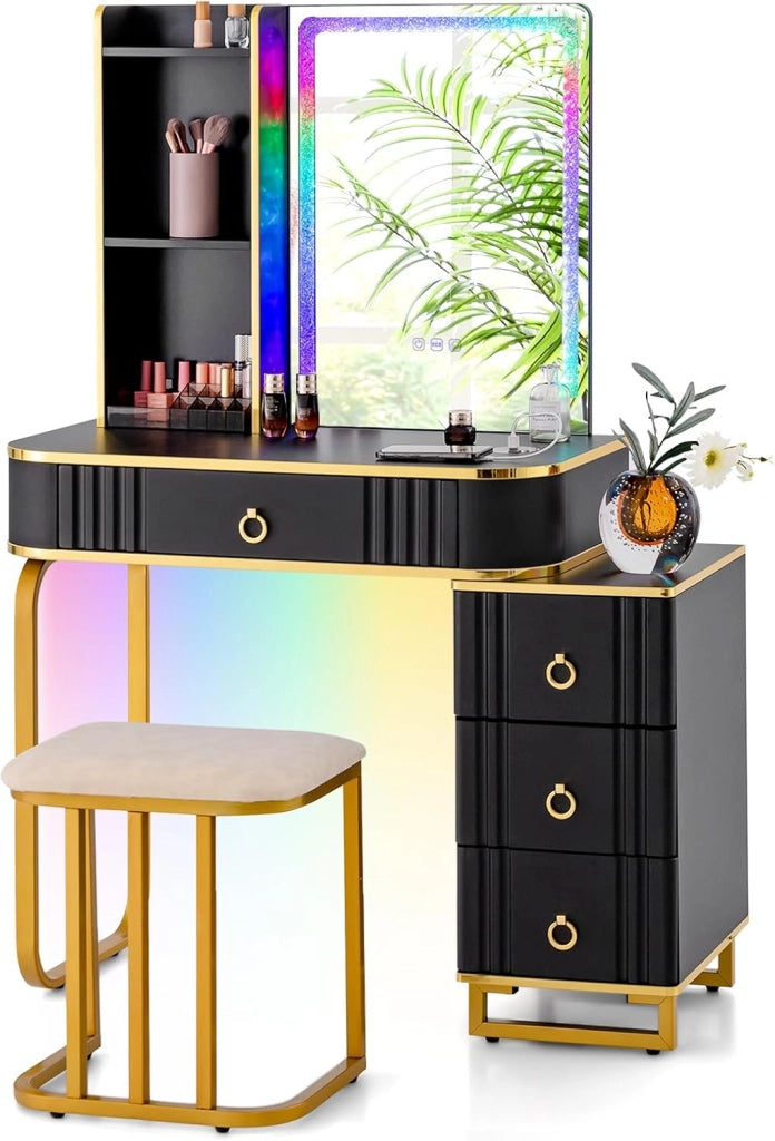 Toeletta da Trucco con Luci, Set Tavolo da Trucco con Sgabello 4 Cassetti, 7 Colori Regolabili di Luce, Porte USB, Telecomando, per Soggiorno Camera da Letto (Bianco)