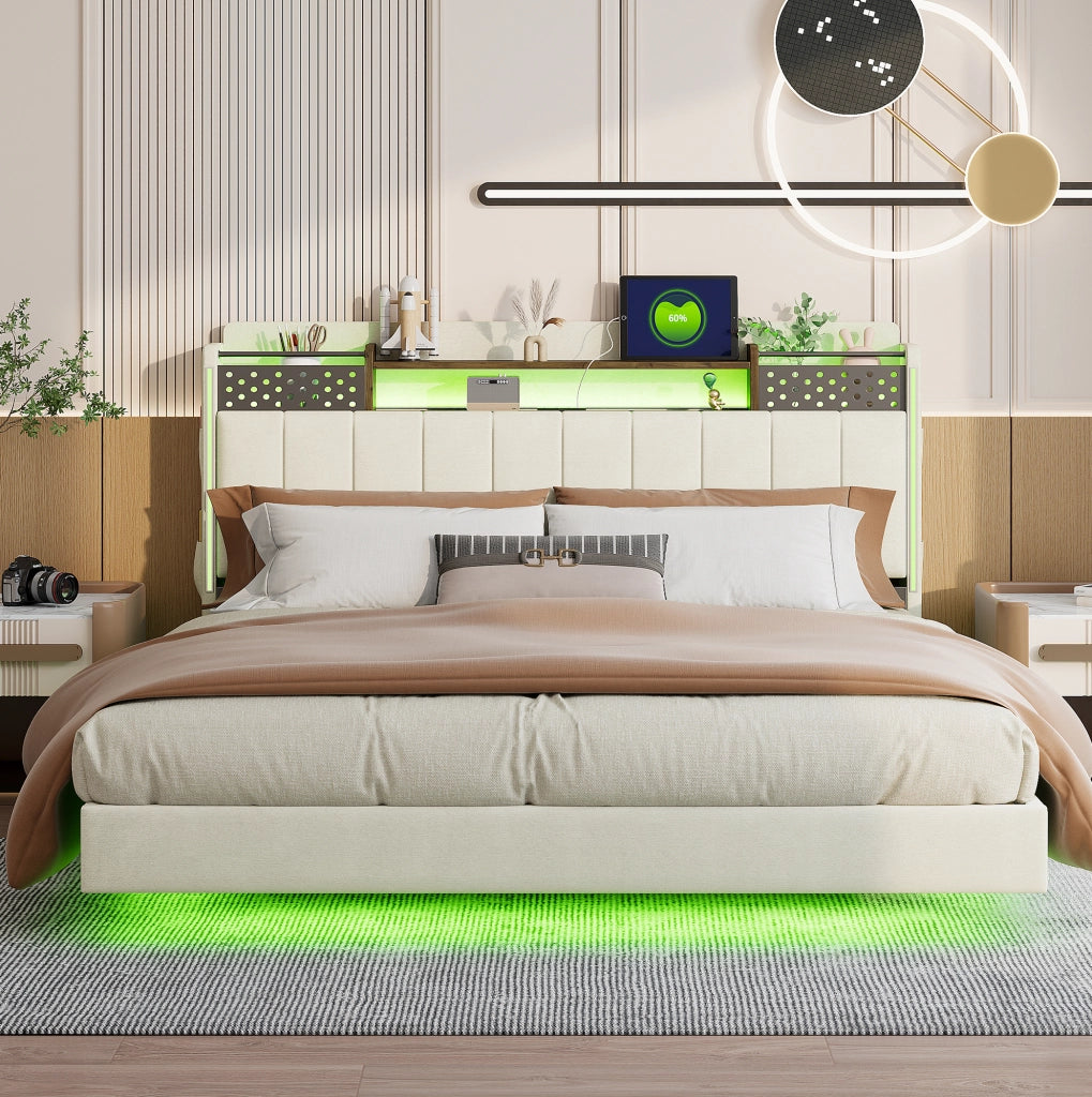 Letto matrimoniale imbottito 160x200 con LED, USB e contenitore