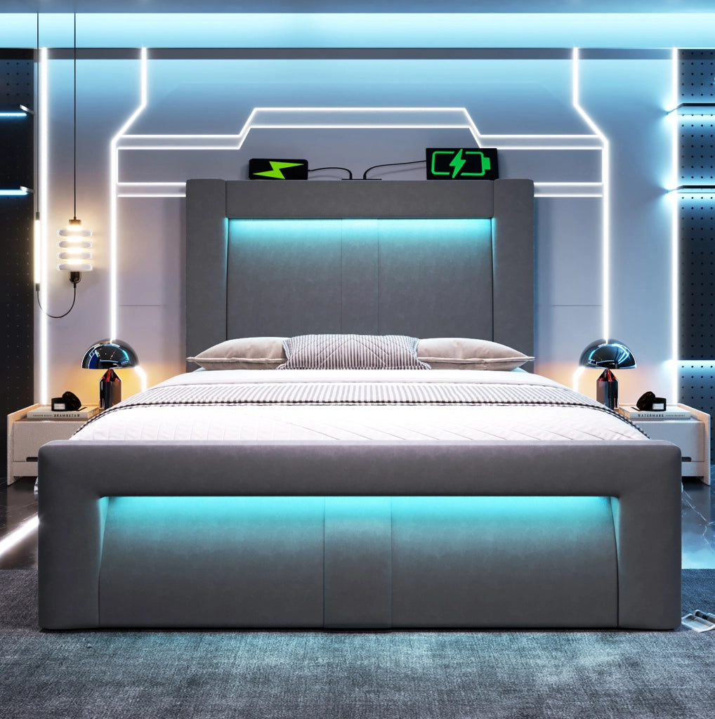 Letto singolo 90x200 cm con contenitore; LED; USB e Type-C; testiera curva in velluto grigio