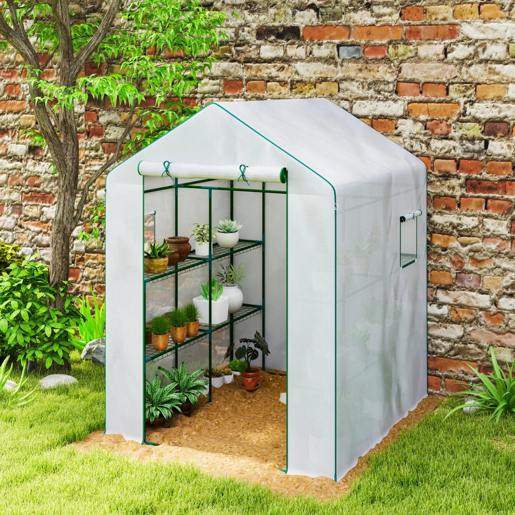 Serra da Giardino con 1 Porta 2 Finestre e Scaffali 3 Livelli ¨C Zephmum ¨C Bianco 140x143x190 cm
