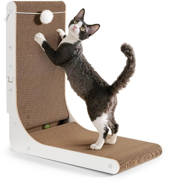 Krabbastanza per gatti L-vormata alta 47 cm con pallina, krabbastanza per gatti in posizione verticale, krabbastanza per gatti spessa, giocattolo per gatti per protezione dei mobili e dei divani