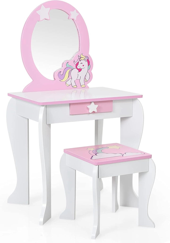 Set di Specchiera e Sgabello per Bambini, Tavolo da Trucco Giocattolo in Legno con Cassetto, Ideale Regalo per Ragazze di 3-7 Anni, con Portata di 15kg, 49x35,5x89cm (Rosa)