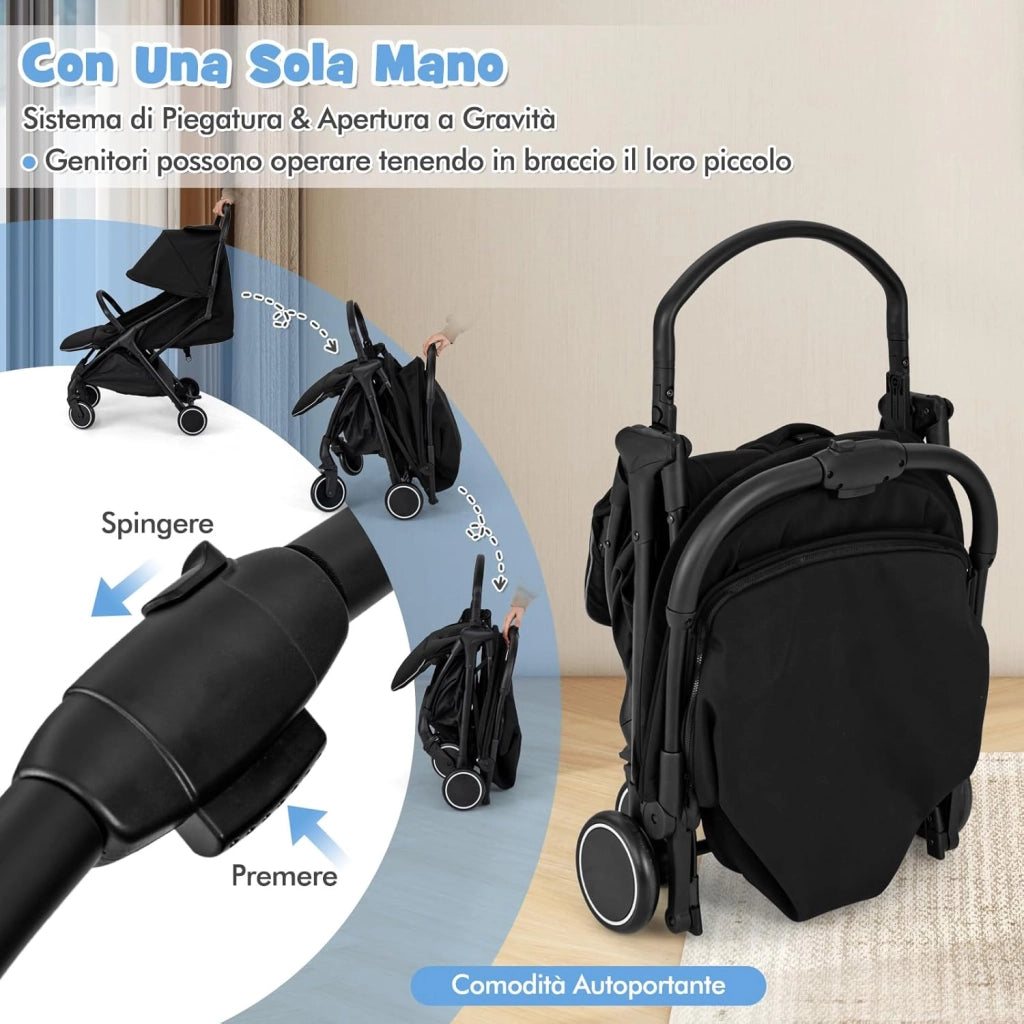 Passeggino Leggero Pieghevole per Bambini, Passeggiono Compatto con Schienale e Cappotta Regolabile, Cinture di Sicurezza a 5 Punti, Ruote con Freno, Fino a 15 kg (Nero)