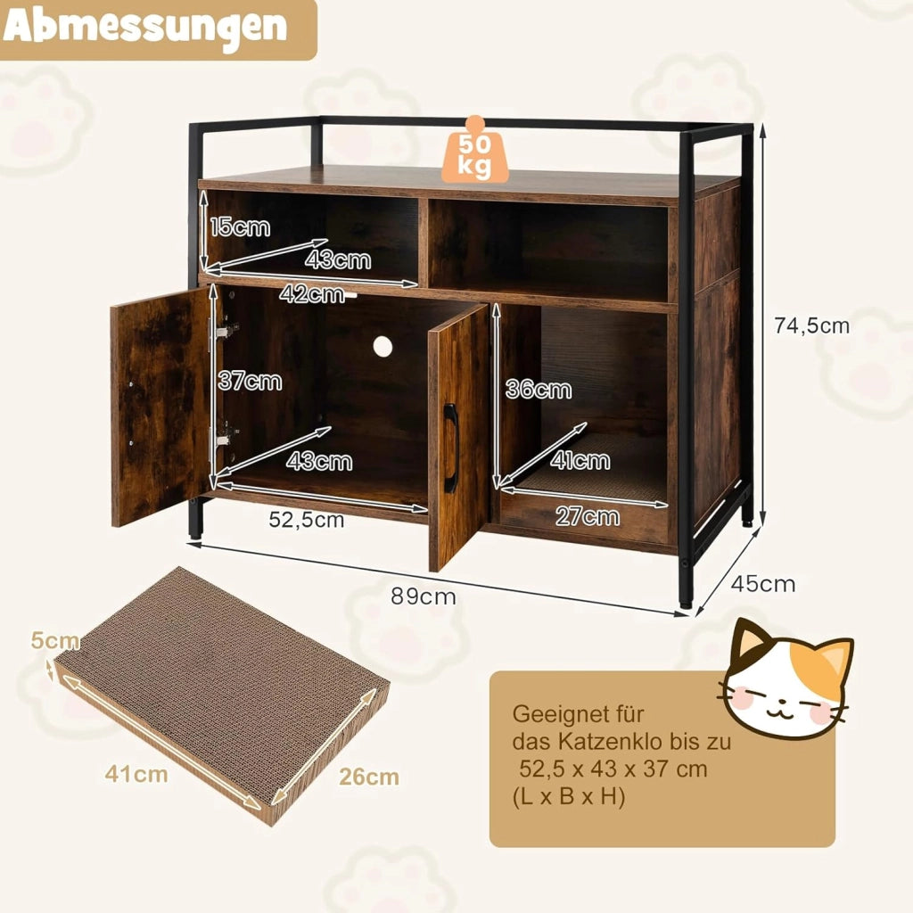 Mobile Lettiera per Gatti con 3 Ripiani Aperti e 2 Ante, Armadietto per Gatto in Legno, Grotta Rifugio con Grattatoio in Cartone Multiuso per Ingresso e Soggiorno (Marrone, 89 x 45 x 74,5 cm)