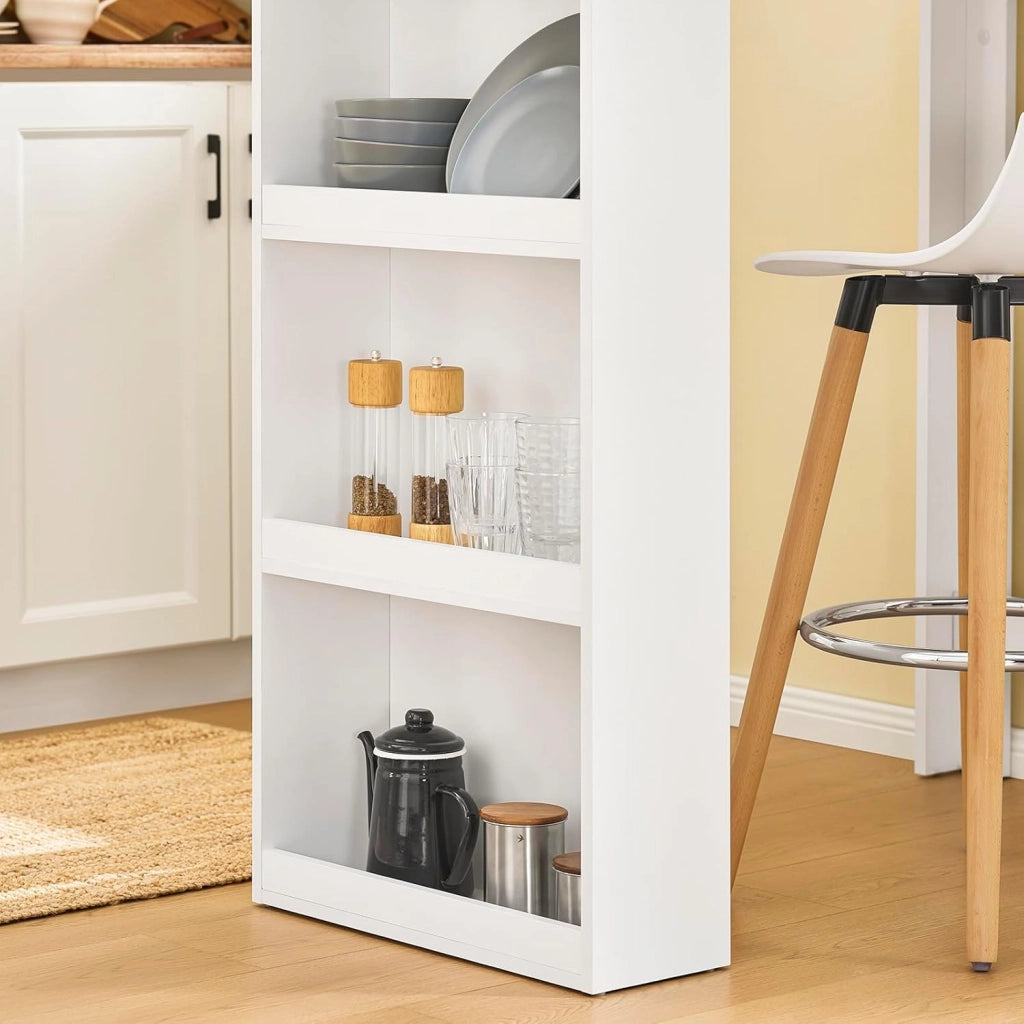 Tavolo Alto da Cucina, Tavolo da Bar Moderno con Ripiani di Stoccaggio, Design Salvaspazio per Cucina Piccola, Soggiorno, Angolo Bar o Studio Bianco 112 x 57 x 106 cm FWT17-II-W