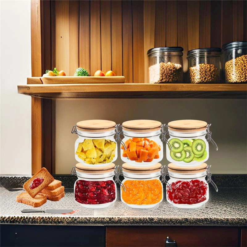 MA MAISON SET 6 PURE GLAS BARATTOLI IN VETRO CON TAPPO IN LEGNO CHIUSURA A CLIP + ETICHETTA PER PERSONALIZZAZIONE 12X12X11H CM