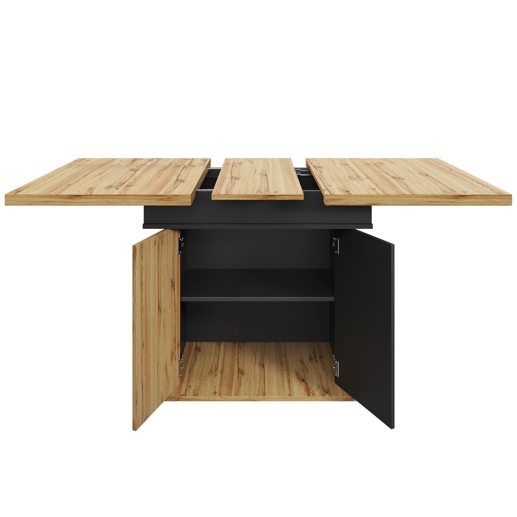 Tavolo allungabile con vano contenitore e ripiani regolabili, in MDF, nero e naturale, 110-140 × 80 × 75 cm