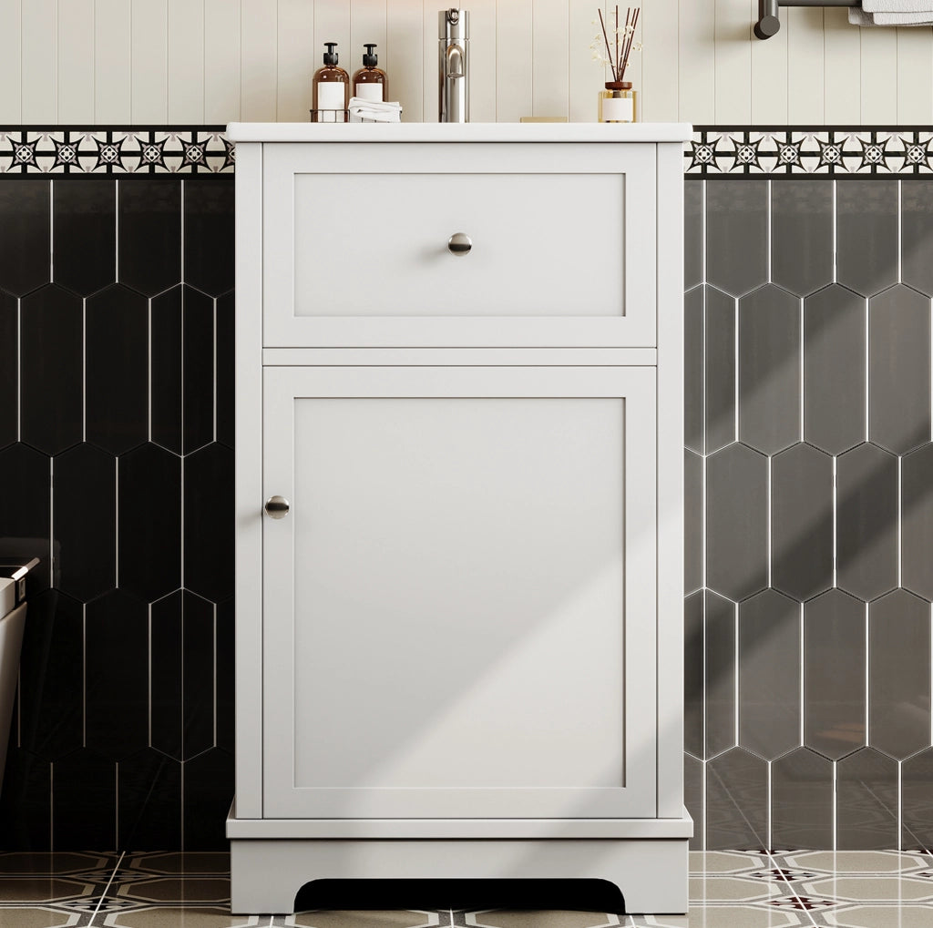 Mobile lavabo 51x46x87 cm con ripiano regolabile e lavabo integrato in MDF e ceramica bianco