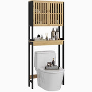 Cassettiera per Bagno – Armadio Bagno con 2 Porte e Lavello Aperto – Bambù e Metallo – 60x21,5x172 cm – Legno Naturale/Nero