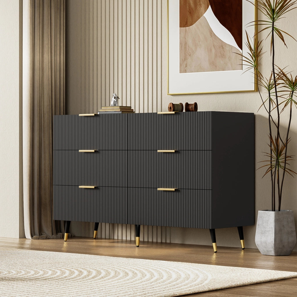Sideboard moderno nero e oro con 6 cassetti, 120x77x40 cm, ampio spazio di archiviazione