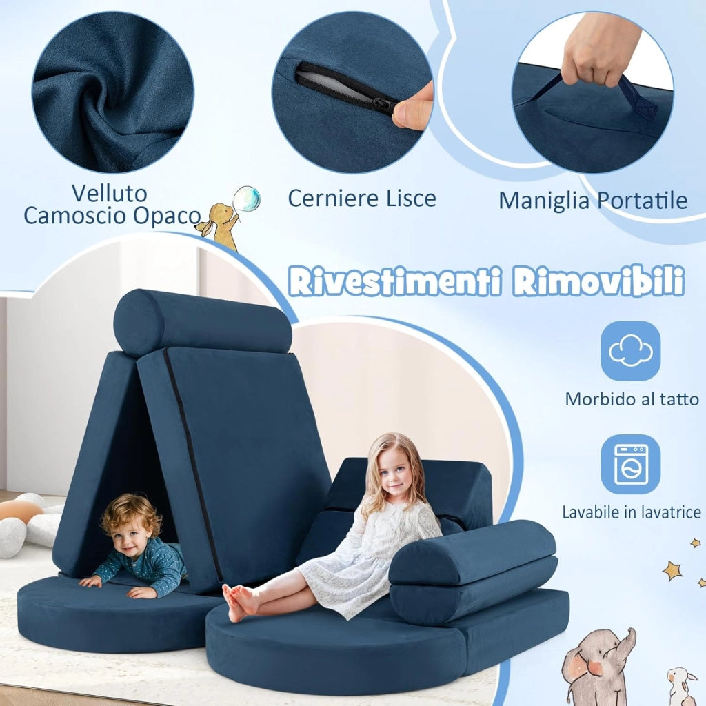 Divano in stile Block 13 Pezzi per Bambini, Divanetto Convertibile per Asilo, Cameretta e Soggiorno, Cuscini Bambini Gioco Blocchi (Blu)