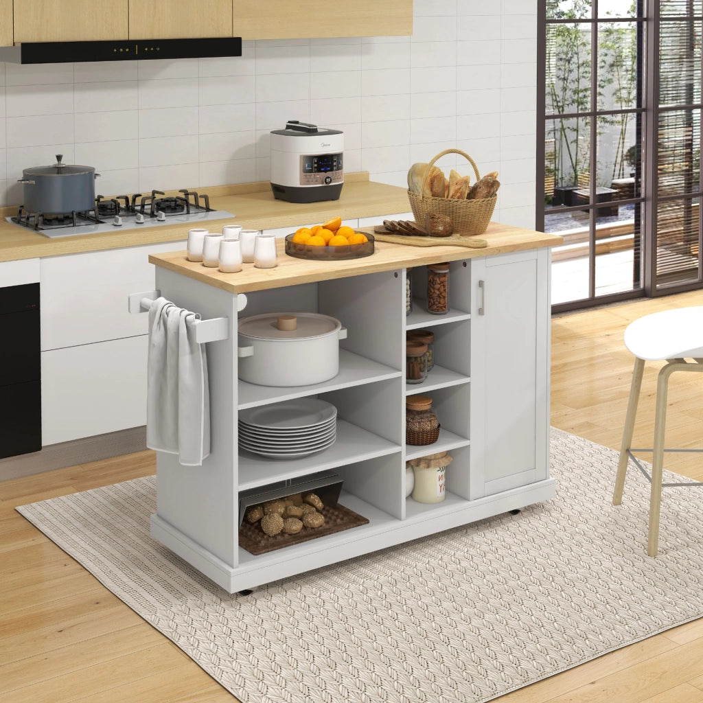 Mobile da cucina con ruote 7 scomparti 1 ripiano 1 porta 1 porta strofinacci ¨C zephmum ¨C bianco legno 129x51x93 cm