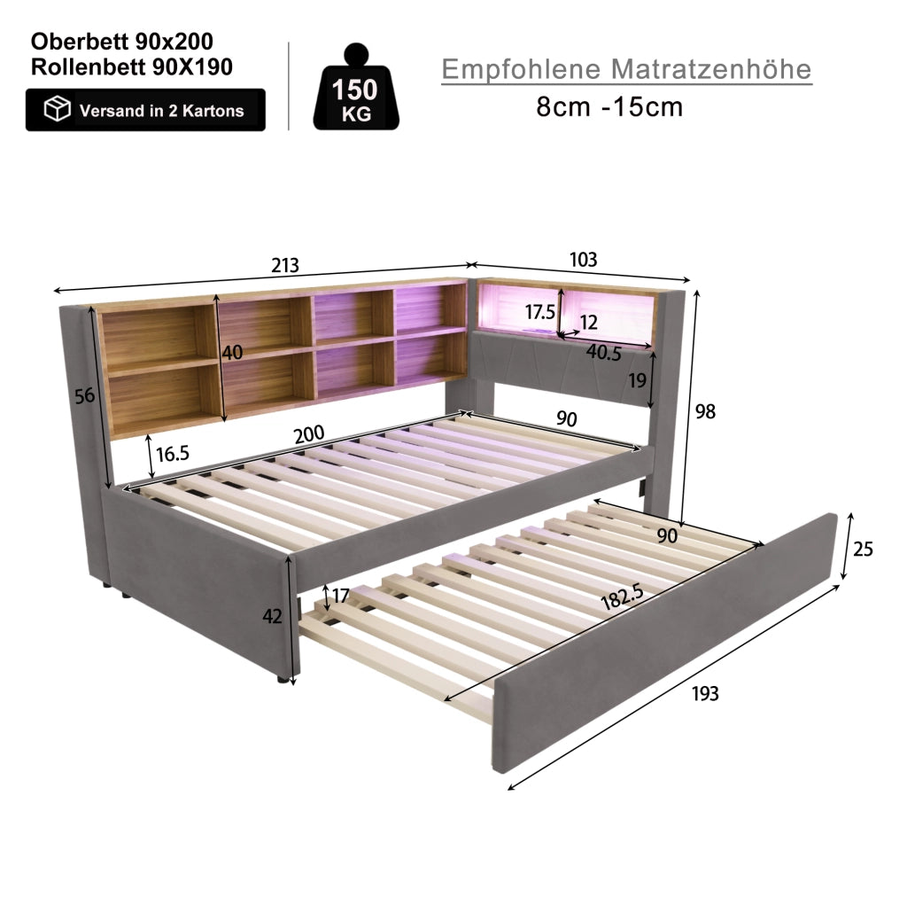 Divano letto multifunzione 90x200 cm con letto estraibile 90x190 cm; LED e vani contenitore; grigio scuro