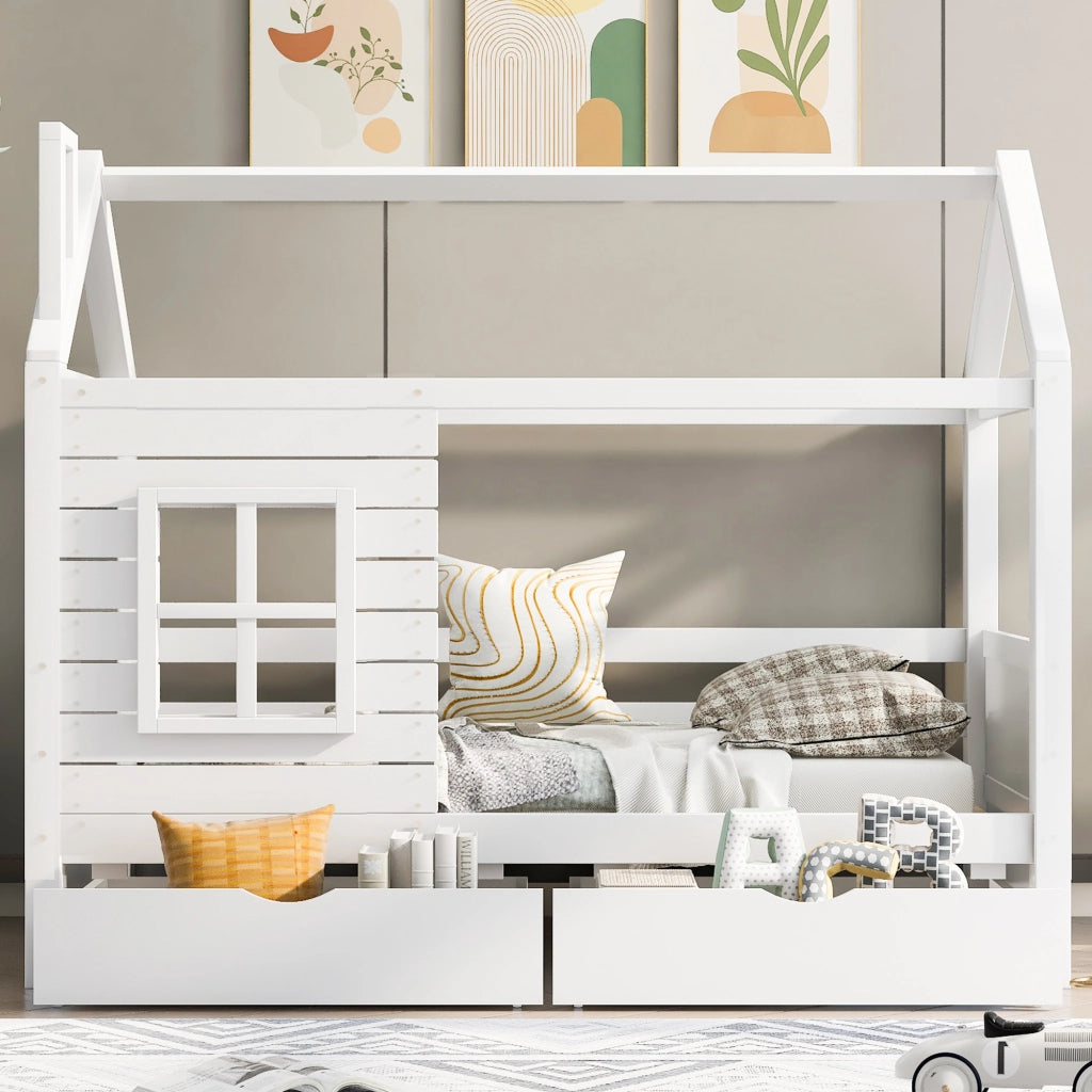 Letto per bambini a casetta 90x200 cm in legno massello di pino, bianco, con sponde, rete a doghe e 2 cassetti contenitore