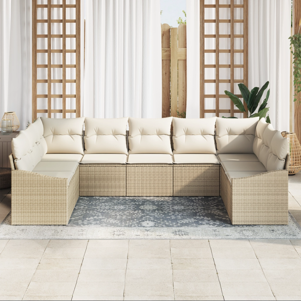 Set di Divani da Giardino da 9 Pezzi con Cuscini Beige Polyrattan