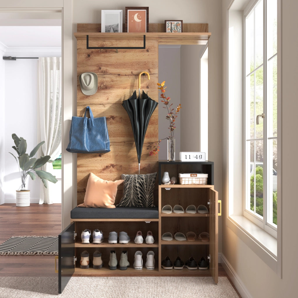 OKWISH Mobile da Ingresso con Specchio, Panca Scarpiera, 4 Ganci e Appendiabiti, 2 Vani, 105×40×191.5 cm