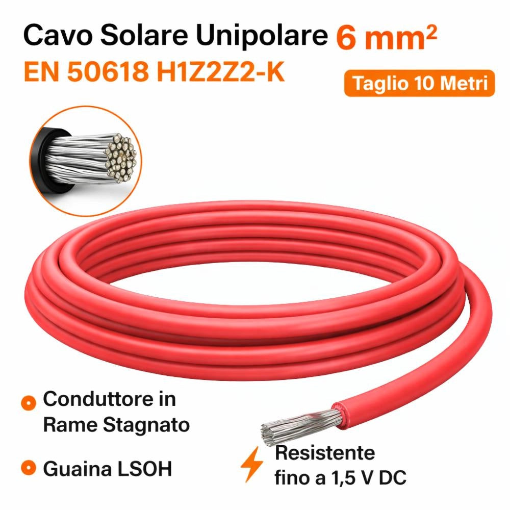 Cavo solare unipolare rosso flessibile 6 mm² per impianti fotovoltaici *** lunghezza metri 10, confezione 1