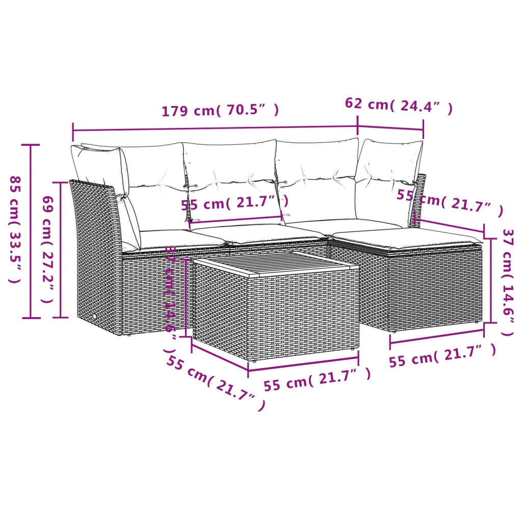 Set Divano da Giardino 5 pz con Cuscini Beige in Polyrattan