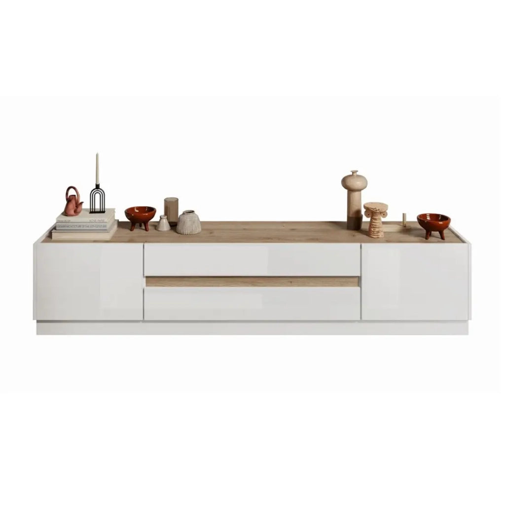 Mobile TV 205cm collezione FANZY. Color bianco lucido e rovere chiaro, ideale per un soggiorno moderno.