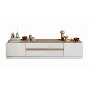 Mobile TV 205cm collezione FANZY. Color bianco lucido e rovere chiaro, ideale per un soggiorno moderno.