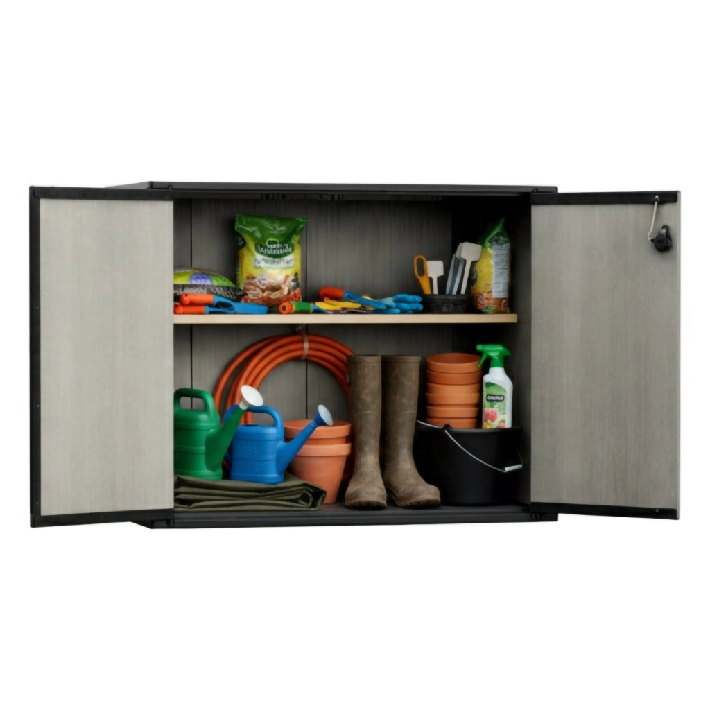 Armadio da esterno Kindersley, Mobile outdoor, Mobiletto giardino multiuso, Contenitore per balcone o garage, 140x77 h120 cm, Grigio