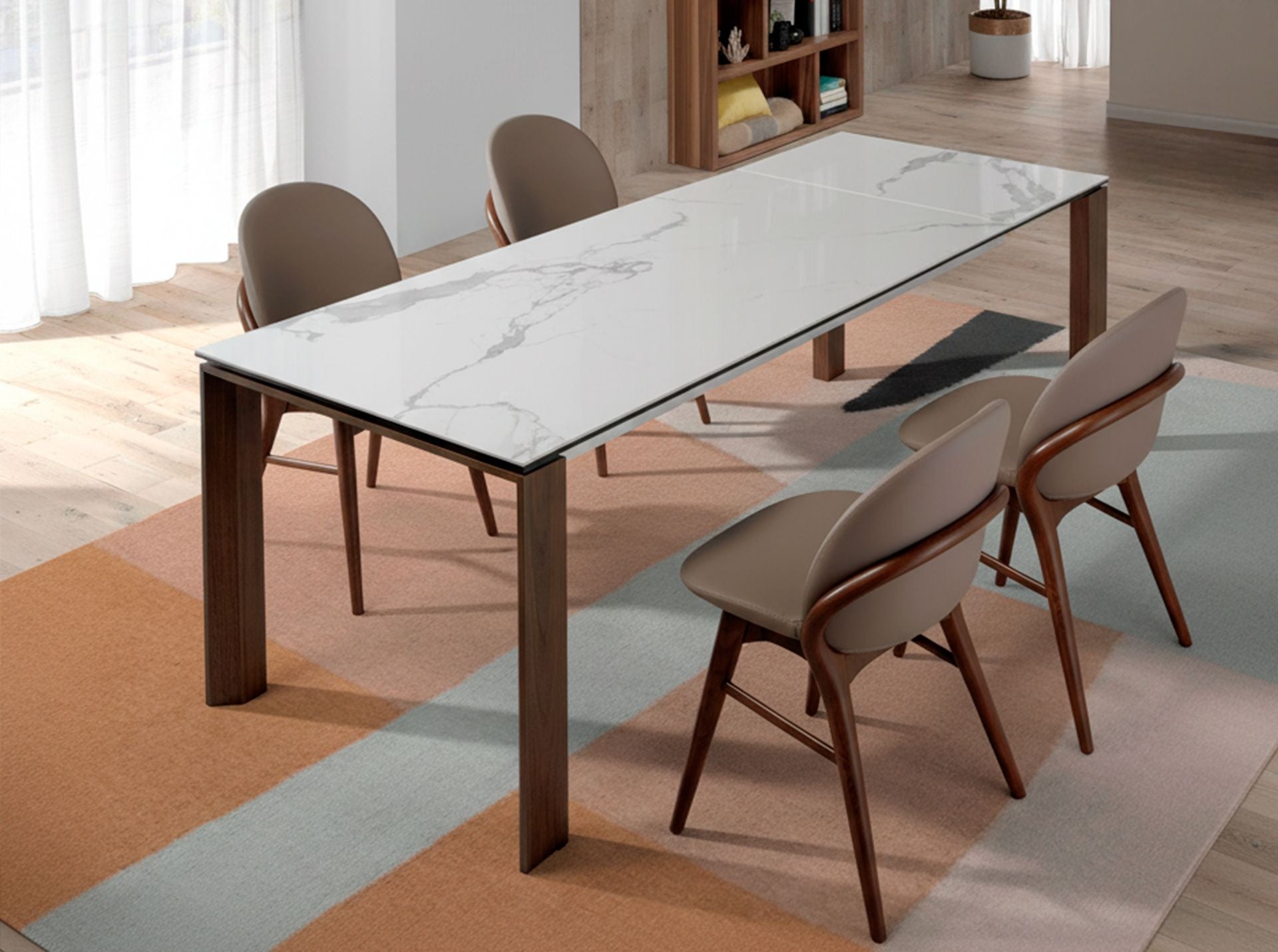 Tavolo da pranzo allungabile rettangolare marmo porcellanato e noce
