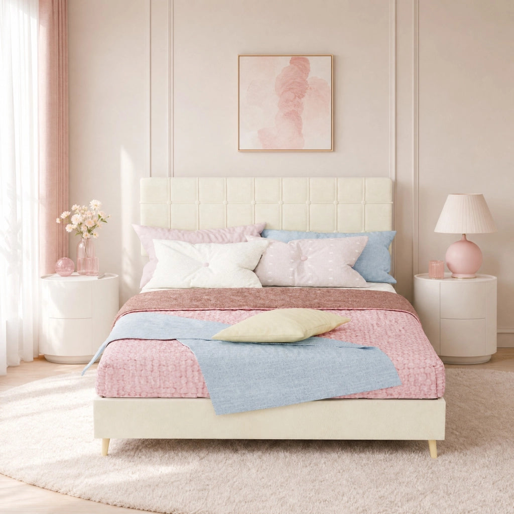 Letto Matrimoniale 140x200 cm con Testiera Trapuntata; in Velluto; Beige