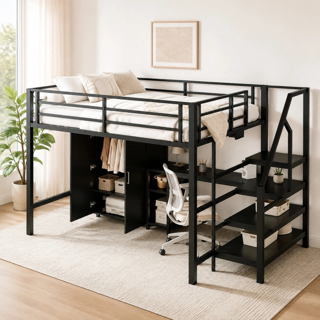 DESMIU Letto a Soppalco per Bambini 140 × 200 cm 2 Posti con Scrivania, Armadio e Scaffali, Senza Materasso, Nero