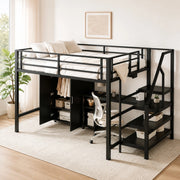 DESMIU Letto a Soppalco per Bambini 140 × 200 cm 2 Posti con Scrivania, Armadio e Scaffali, Senza Materasso, Nero