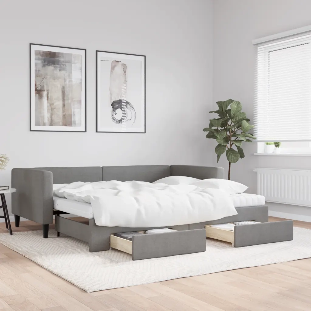Divano Letto Estraibile Cassetti Grigio Scuro 90x200cm Tessuto