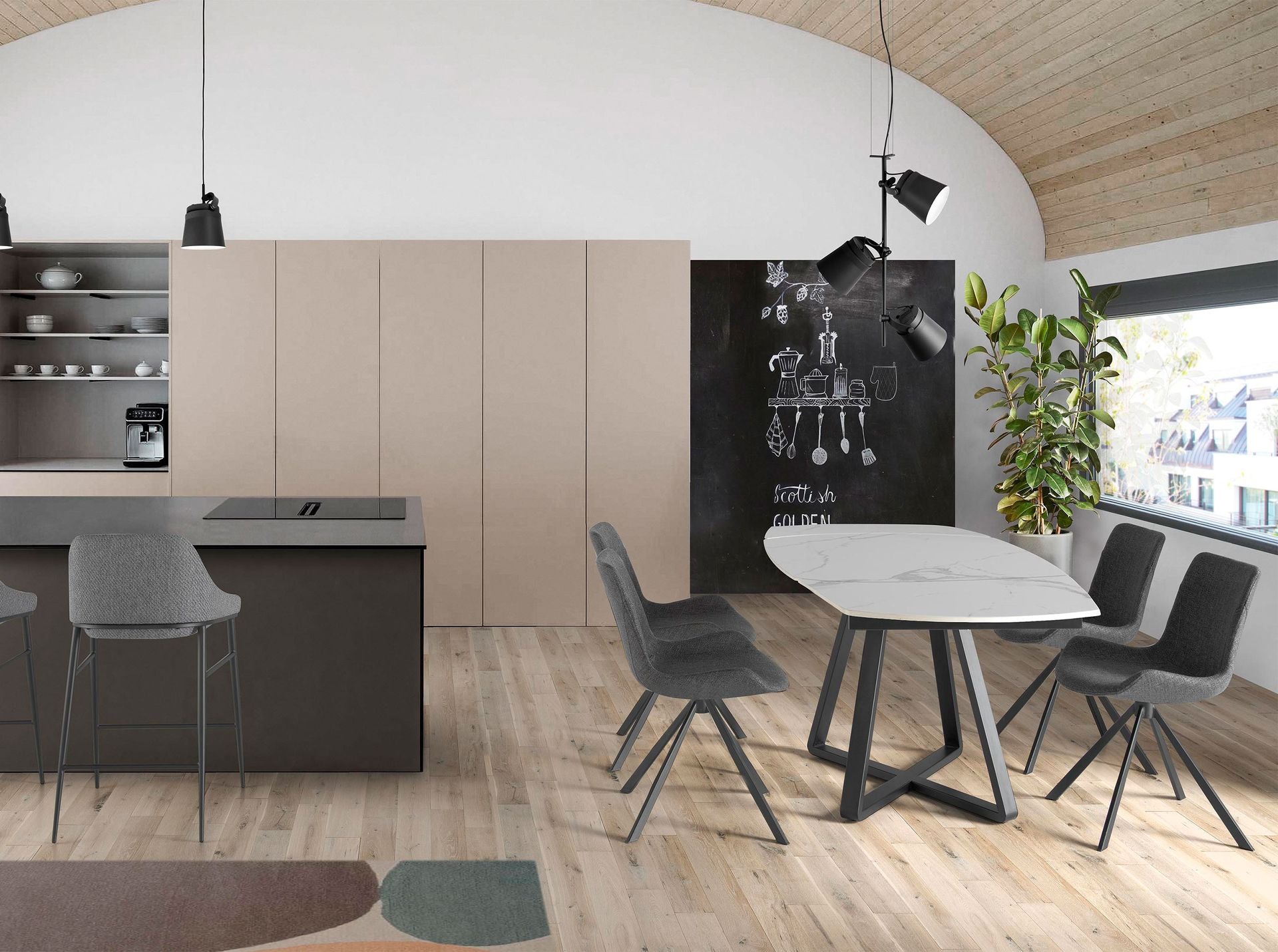 Tavolo da pranzo allungabile barile ovale marmo porcellanato e acciaio nero