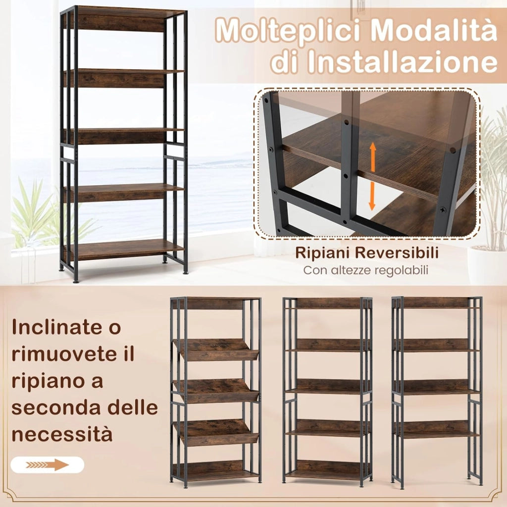 Libreria Aperta a 5 Ripiani Regolabili e Inclinabili, Scaffale Salvaspazio in Legno, Scaffale Portaoggetti Espositivo per Camera da Letto, Soggiorno e Cucina, 70 x 35 x 157 cm, Marrone Rustico