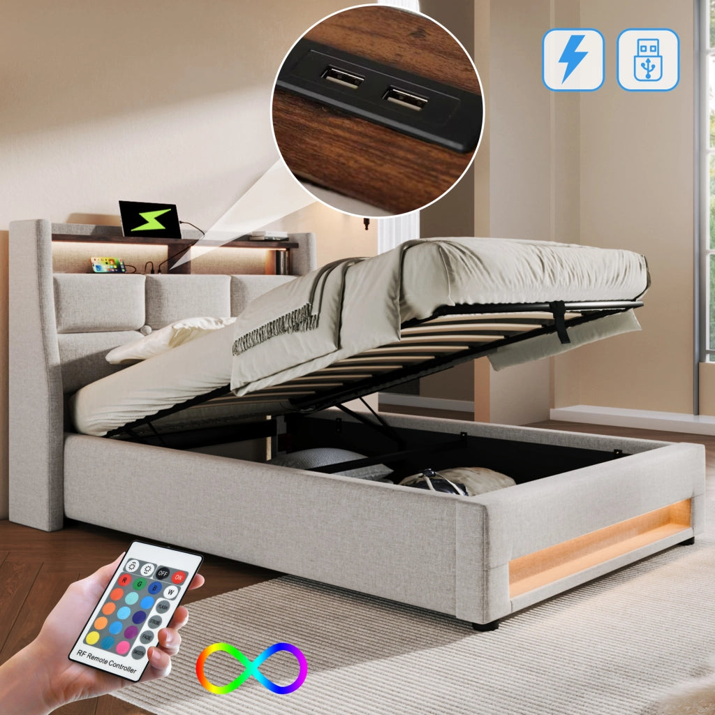 Letto singolo imbottito – 90x200 cm – LED rete metallica – lino beige