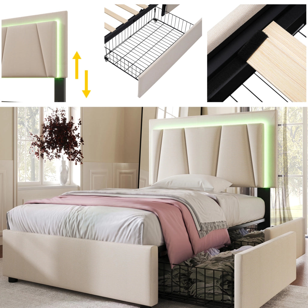 OKWISH Letto Singolo 90×200 cm con 2 Cassetti, LED Regolabile e Testiera Regolabile, Materasso Incluso, in Legno, Beige