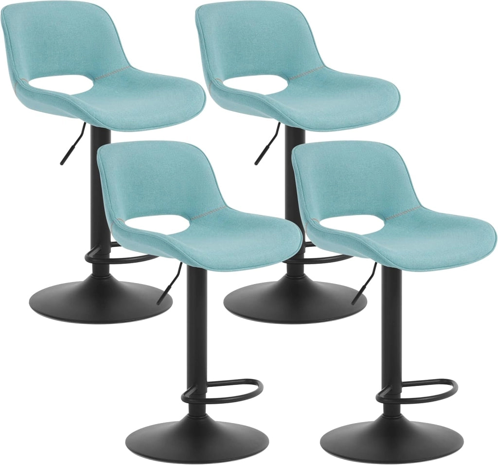 Set di 4 Sgabelli da Cucina, Sedia da Bar in Lino, Sgabello Regolabile in Altezza, con Schienale, Seduta Imbottita Girevole a 360°, per Bistrot, Pub, Base in Metallo, Blu, BH438bl-4