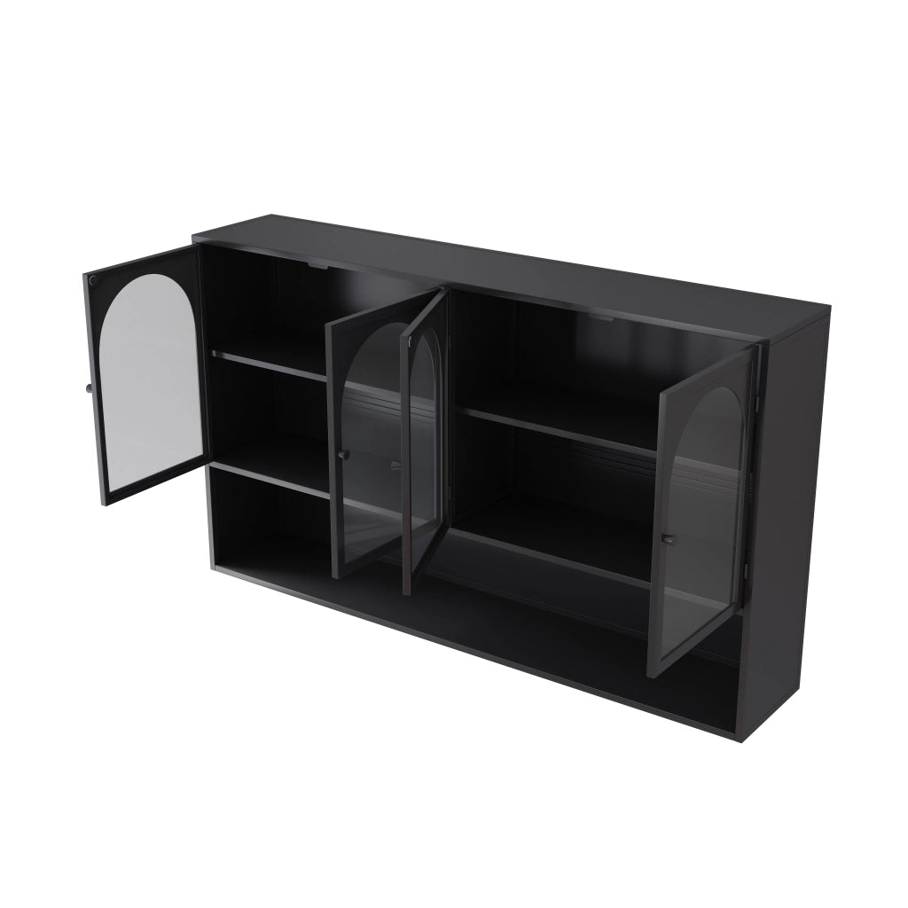 Vetrina a parete con 4 ante e ripiani in vetro e metallo per cucina e soggiorno nero e grigio 120×23×70 cm