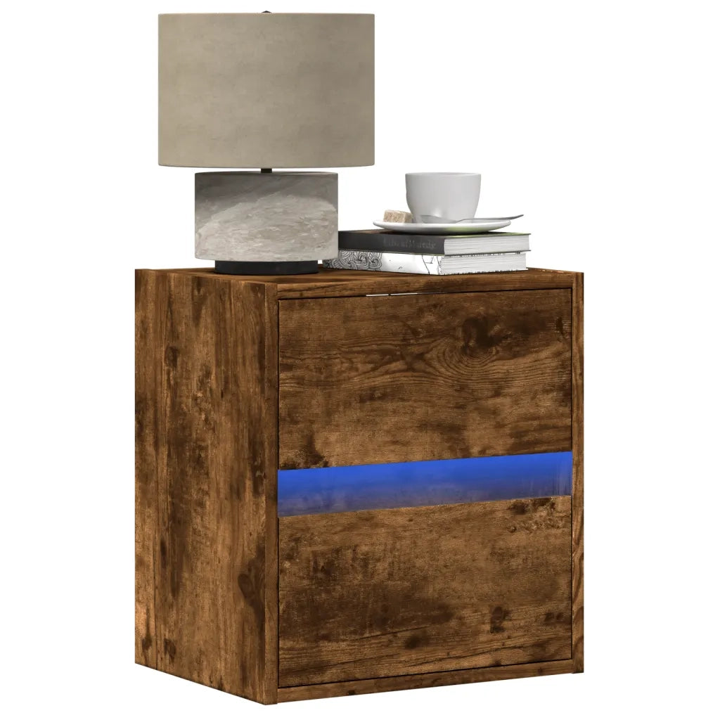 Comodini a Parete con luci LED 2 pz-Set di 2 Tavolino da notte Rovere Fumo 198405