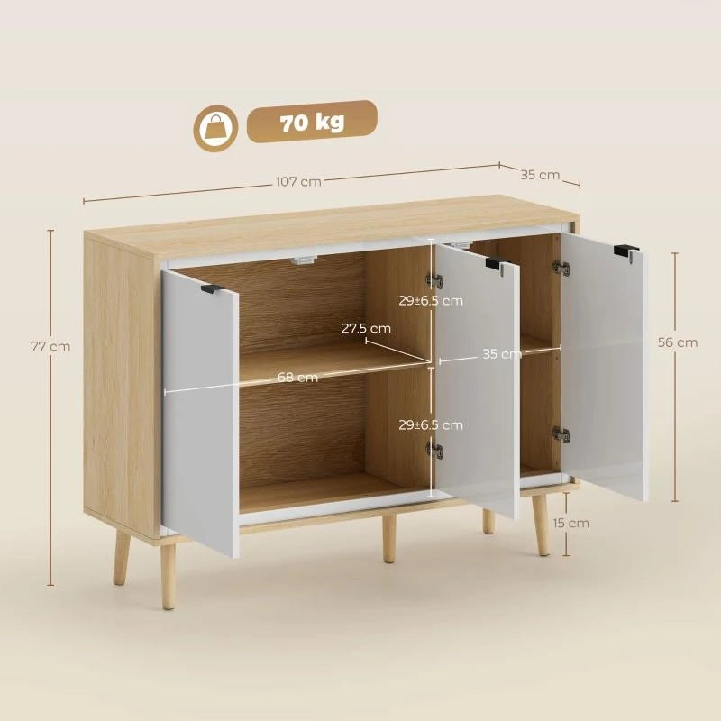 CREDENZA MODERNA A 3 ANTE CON RIPIANO REGOLABILE, 107X35X77 CM, BIANCO LUCIDO E ROVERE