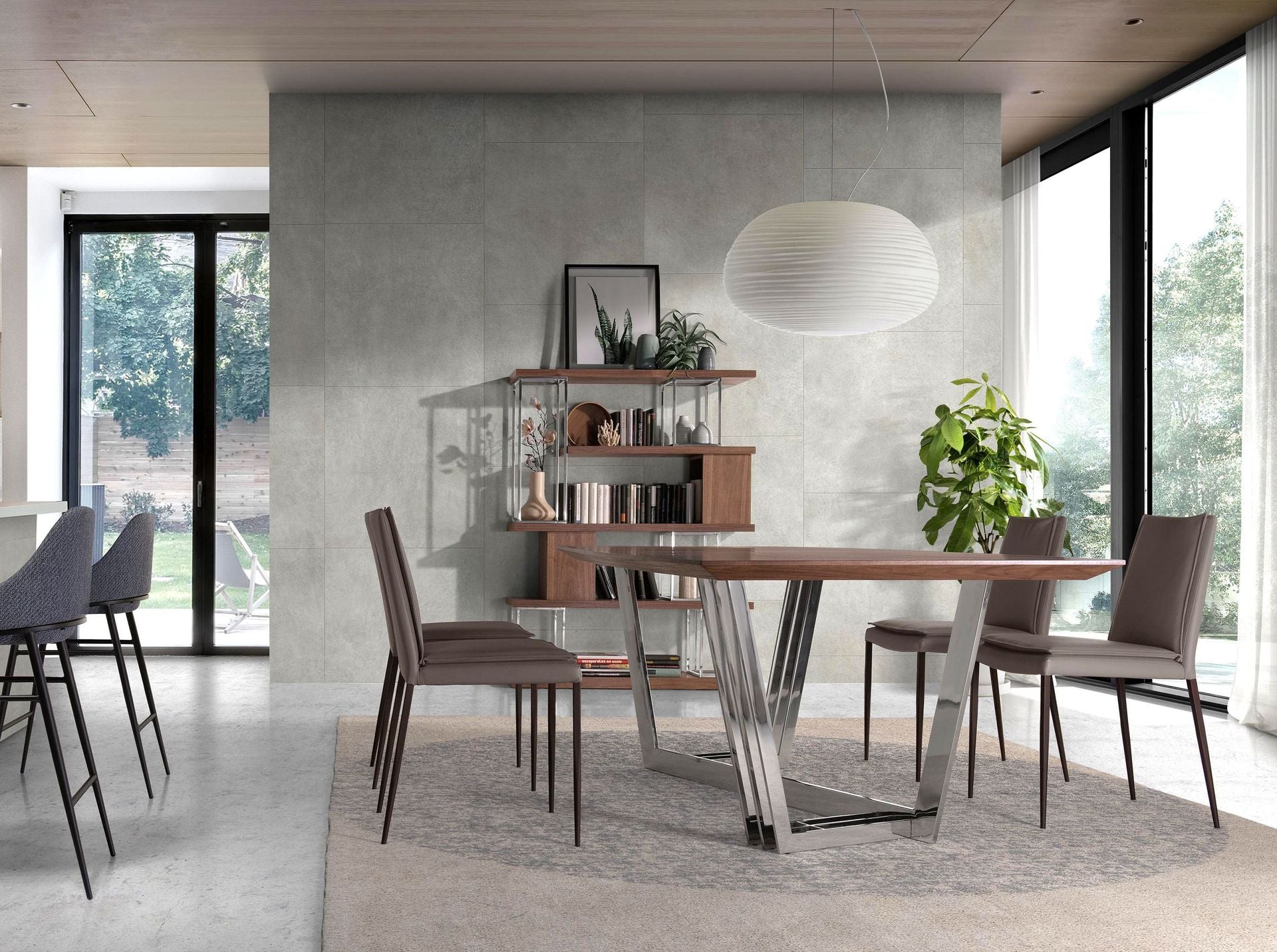 Tavolo da pranzo barile ovale noce e acciaio cromato