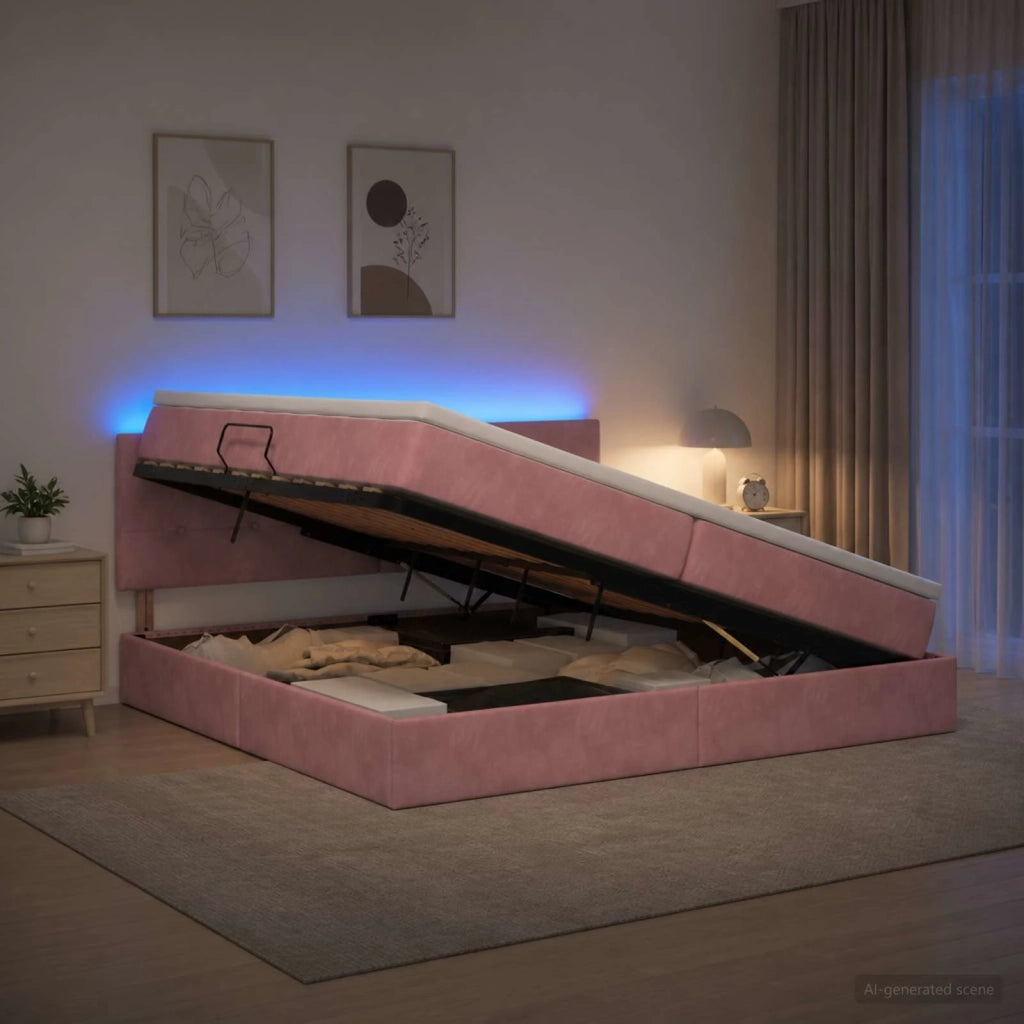 Letto con contenitore LED e materasso Rosa 200 x 200 cm Velluto 3459275