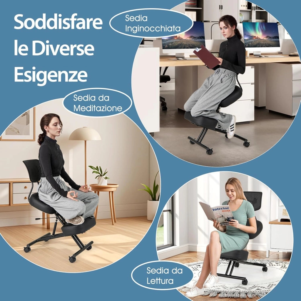 Sedia Ergonomica Inginocchiata con Schienale e Ruote, Sedia da Ginocchio Regolabile Posturale Struttura in Metallo, Sgabello Ergonomica per Casa e Ufficio (con Schienale)