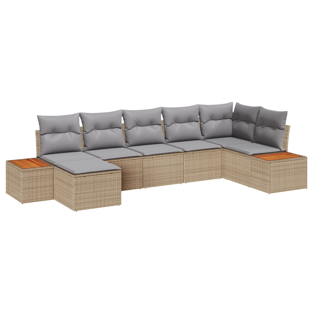 Set Divano da Giardino 7 Pezzi con Cuscini Beige Polyrattan Acacia
